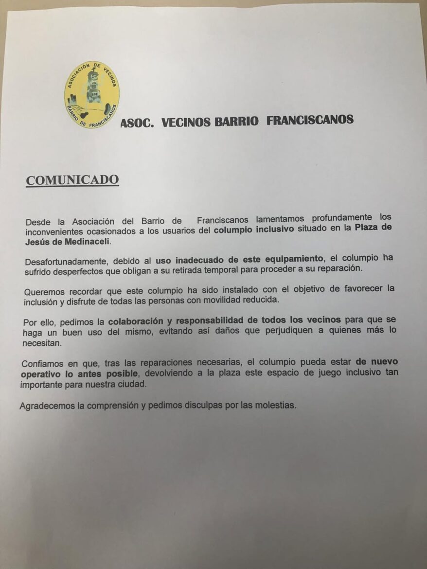 Para informar a todos nuestros vecinos del problema del columpio inclusivo de la...